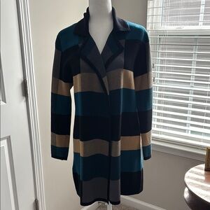 Kasper Black, Teal, and Tan Striped Cardigan